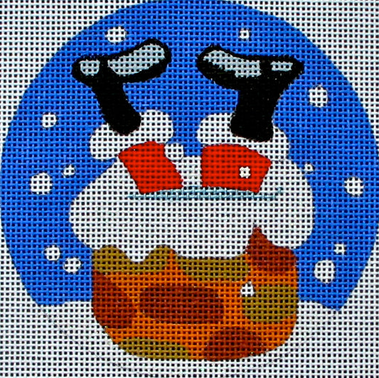 DC designs round Christmas ornament needlepoint canvas of a whimsical Santa stuck headfirst in the chimney with snow