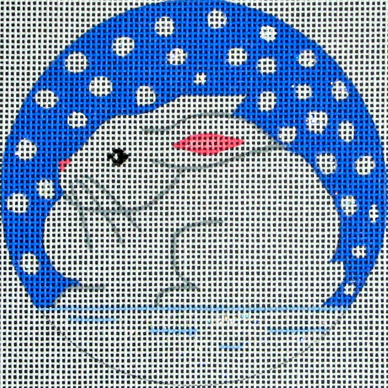 DC designs round winter needlepoint canvas of a white bunny rabbit on a snowy blue background