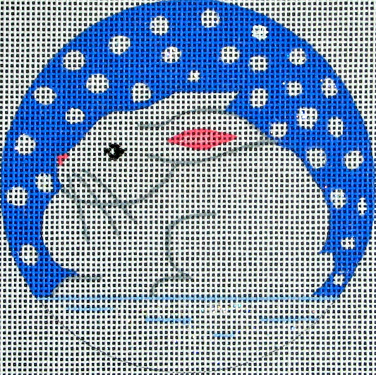 DC designs round winter needlepoint canvas of a white bunny rabbit on a snowy blue background
