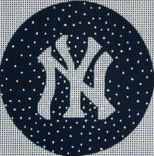 DC designs round winter needlepoint canvas of the New York Yankees logo on a navy blue background with snow