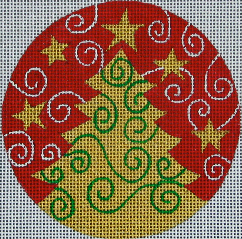 DC designs Christmas ornament needlepoint canvas of a gold tree on a red background with swirls