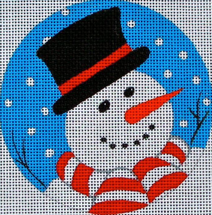 DC designs Christmas ornament needlepoint canvas of a whimsical smiling snowman wearing a top hat