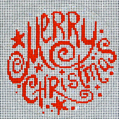 DC designs round Christmas ornament needlepoint canvas of the phrase "merry Christmas" in red on a white background with stars in a whimsical font