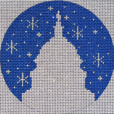 DC designs winter round needlepoint canvas of the silhouette of the Capitol building in Washington DC with snow in the background