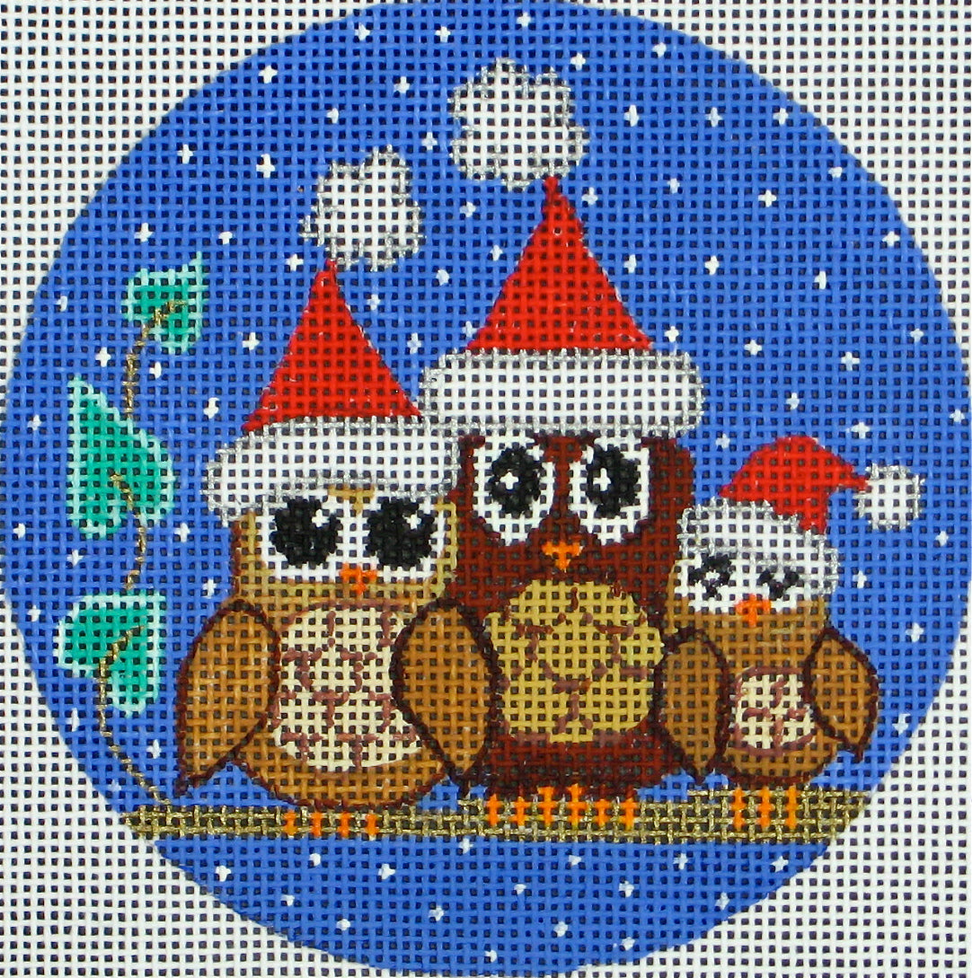 DC designs round Christmas needlepoint canvas of three whimsical owls on a snowy background