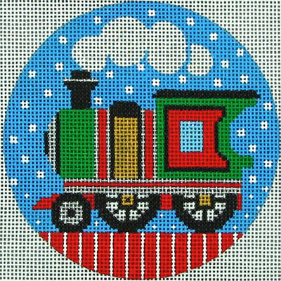 DC designs round needlepoint canvas of a train engine in the snow