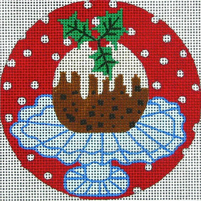 DC designs round needlepoint canvas of a plum Christmas pudding with holly leaves on a snowy background