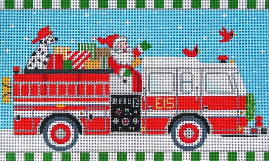 DC Designs needlepoint canvas of a fire engine decorated for Christmas with Santa driving, a wreath on the front, and a Dalmatian dog wearing a fireman's hat