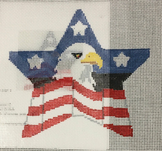 Kathy Schenkel star-shaped needlepoint canvas with American flag stripes across the bottom and stars at the top with a bald eagle in the center