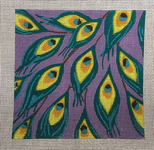Colors of Praise 5x5 square needlepoint canvas of peacock feathers on a purple background