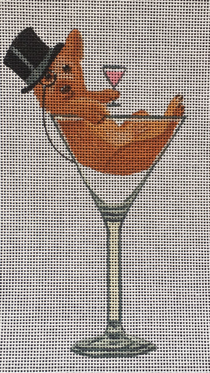 Fab Funky whimsical needlepoint canvas of a Yorkshire terrier dog in a martini glass wearing a top hat and a monocle