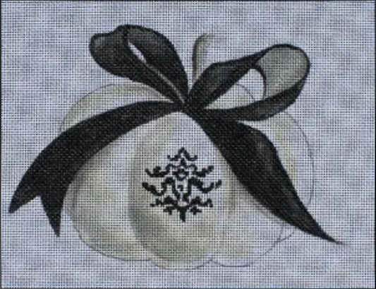 Colors of Praise needlepoint canvas of a white pumpkin with a black ribbon
