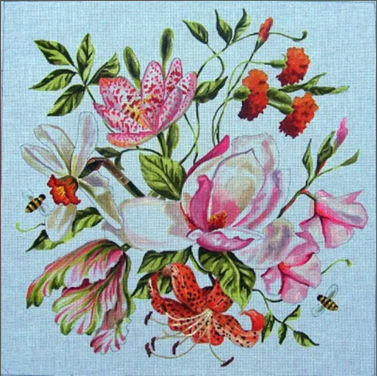 Colors of Praise needlepoint canvas of red and pink flowers with bumblebees