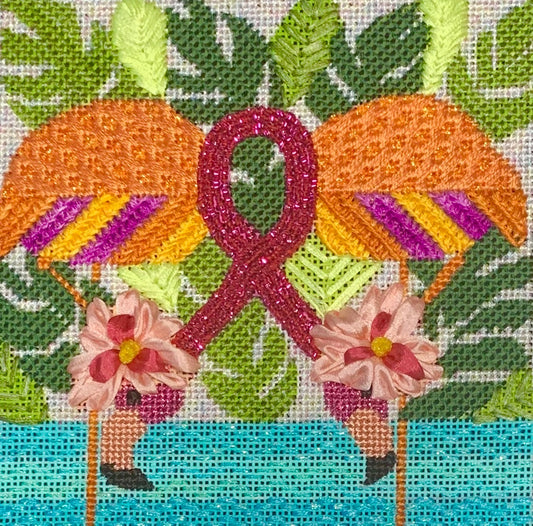 Stitched example of the Melissa Prince tropical flamingos canvas with breast cancer awareness ribbon