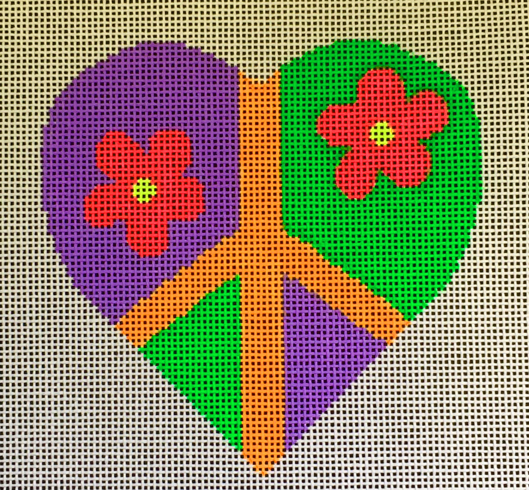 Vallerie Needlepoint Gallery heart needlepoint canvas of a peace sign with flowers in orange, purple, and green - very sixties and groovy