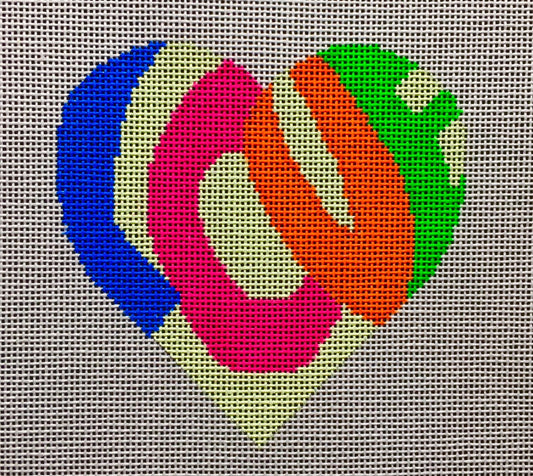 Vallerie Needlepoint Gallery heart canvas with the word love in retro/groovy/hippie lettering on cream background