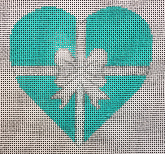 Vallerie Needlepoint Gallery heart needlepoint canvas of a Tiffany jewelry box turquoise with white and silver bow