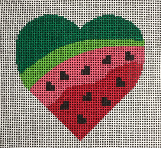 Vallerie Needlepoint Gallery heart shaped needlepoint canvas of a watermelon with heart-shaped seeds in fun whimsical and bright colors