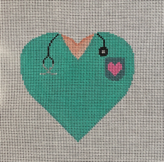 Vallerie Needlepoint Gallery heart shaped needlepoint canvas of a turquoise medical scrub shirt with a stethoscope - the perfect gift for any medical professional