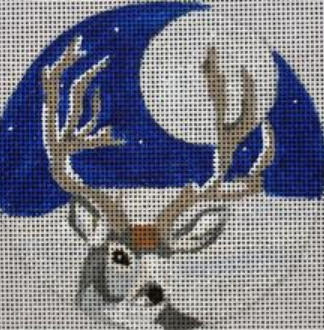 Melissa Prince round Christmas needlepoint canvas of a reindeer with snowy background and full moon