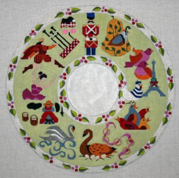 Melissa Prince twelve days of Christmas wreath needlepoint canvas with border of leaves and berries