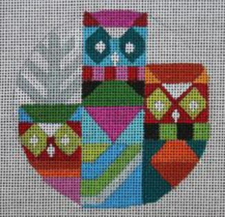 Melissa Prince bright colorful geometric owls round needlepoint canvas with winter trees