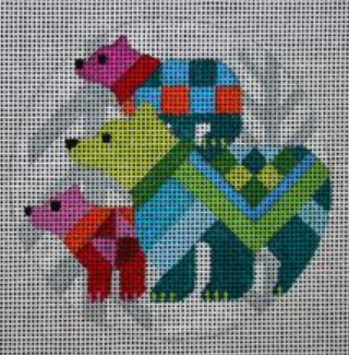 Melissa Prince bright colorful geometric bears round needlepoint canvas with winter trees