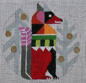 Melissa Prince bright colorful geometric fox round needlepoint canvas with winter trees - part of her series of abstract winter/Christmas animals