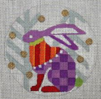 Melissa Prince bright colorful geometric rabbit round needlepoint canvas with winter trees in the background - part of her series of abstract winter/Christmas animals