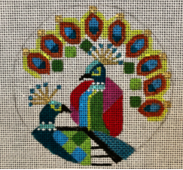Melissa Prince geometric colorful peacocks circular needlepoint canvas