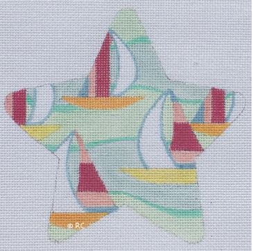 Raymond Crawford bright and preppy needlepoint canvas star patterned with sailboats in orange and yellow with pink sails