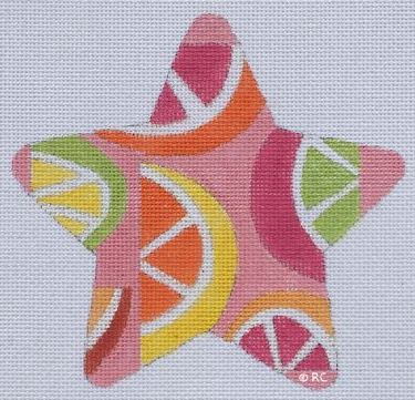 Raymond Crawford bright and preppy needlepoint canvas star patterned with citrus slices on a pink background (lemon, lime, and orange)
