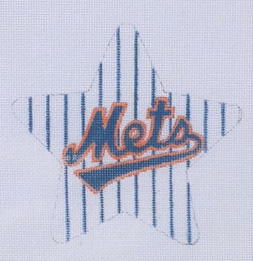 Raymond Crawford star needlepoint canvas with the New York Mets baseball logo and pinstripes
