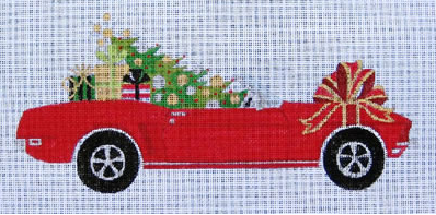 Raymond Crawford needlepoint canvas of a Ford Mustang convertible car with a bow carrying a Christmas tree and presents