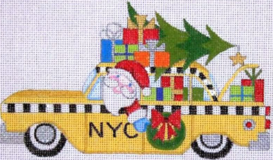 Raymond Crawford whimsical Christmas needlepoint canvas of Santa Claus driving a New York City taxi overflowing with presents carrying a Christmas tree with a wreath on the side