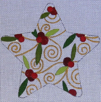 Raymond Crawford Christmas star needlepoint canvas with holly and berries and gold swirls
