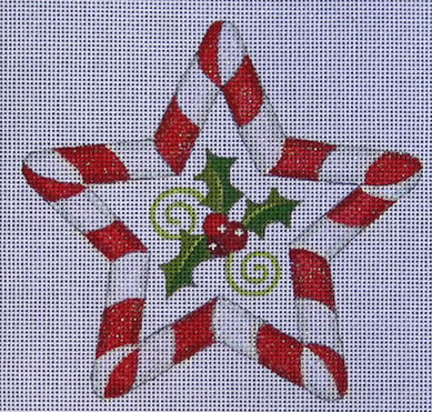 Raymond Crawford star needlepoint canvas with peppermint border and holly and berries in the center