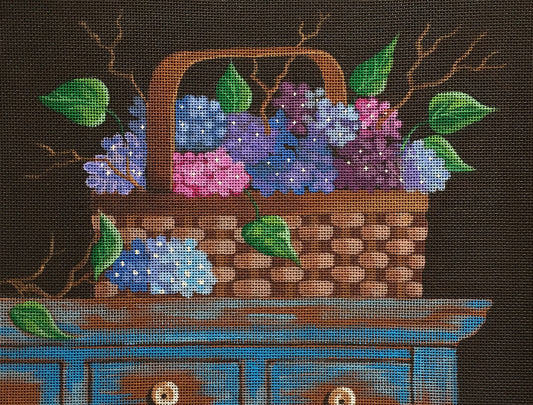 Kim Leo blue and purple hydrangea basket needlepoint canvas
