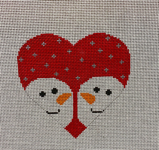 Vallerie Needlepoint Gallery heart canvas of two snowmen facing each other on a red snowy background