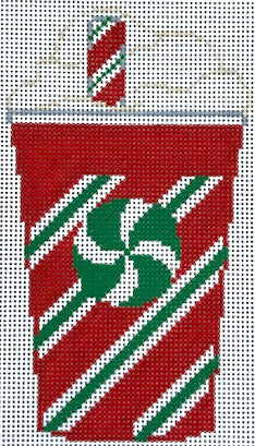 Rachel Donley needlepoint canvas of a red candy-striped coffee cup with a green and white peppermint, a candy-striped straw, and whipped cream (designed to look like Christmastime coffee cups)