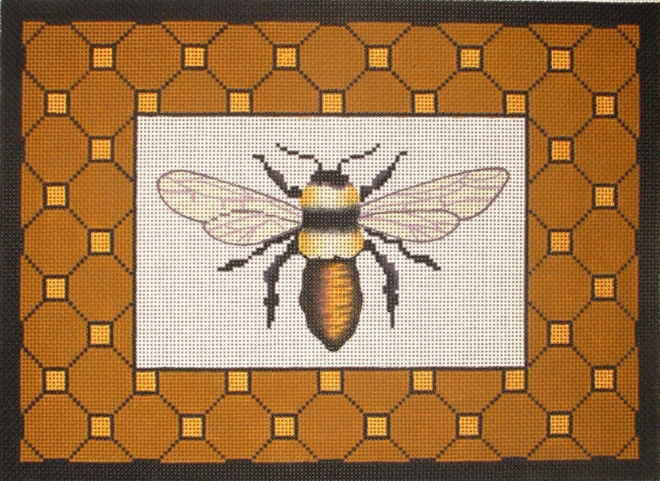 Amanda Lawford needlepoint canvas of a traditional bee with a bold geometric border