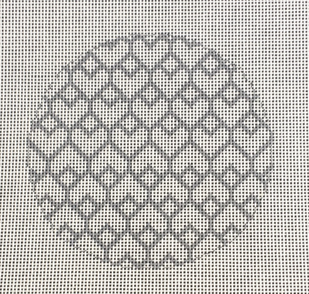 Susan Roberts round needlepoint canvas of interlocking hearts painted in grey sized for self-finishing boxes (insert) - color is customizable