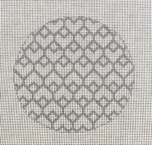 Susan Roberts round needlepoint canvas of interlocking hearts painted in grey sized for self-finishing boxes (insert) - color is customizable