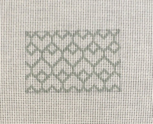 Susan Roberts rectangular needlepoint canvas of interlocking heart trellis in grey sized for self-finishing boxes (insert) - color is customizable