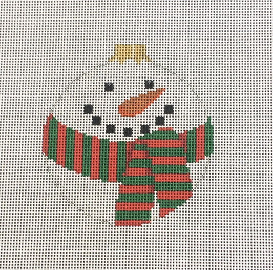 Susan Roberts round Christmas ornament needlepoint canvas with ball top of a round snowman with red and green scarf
