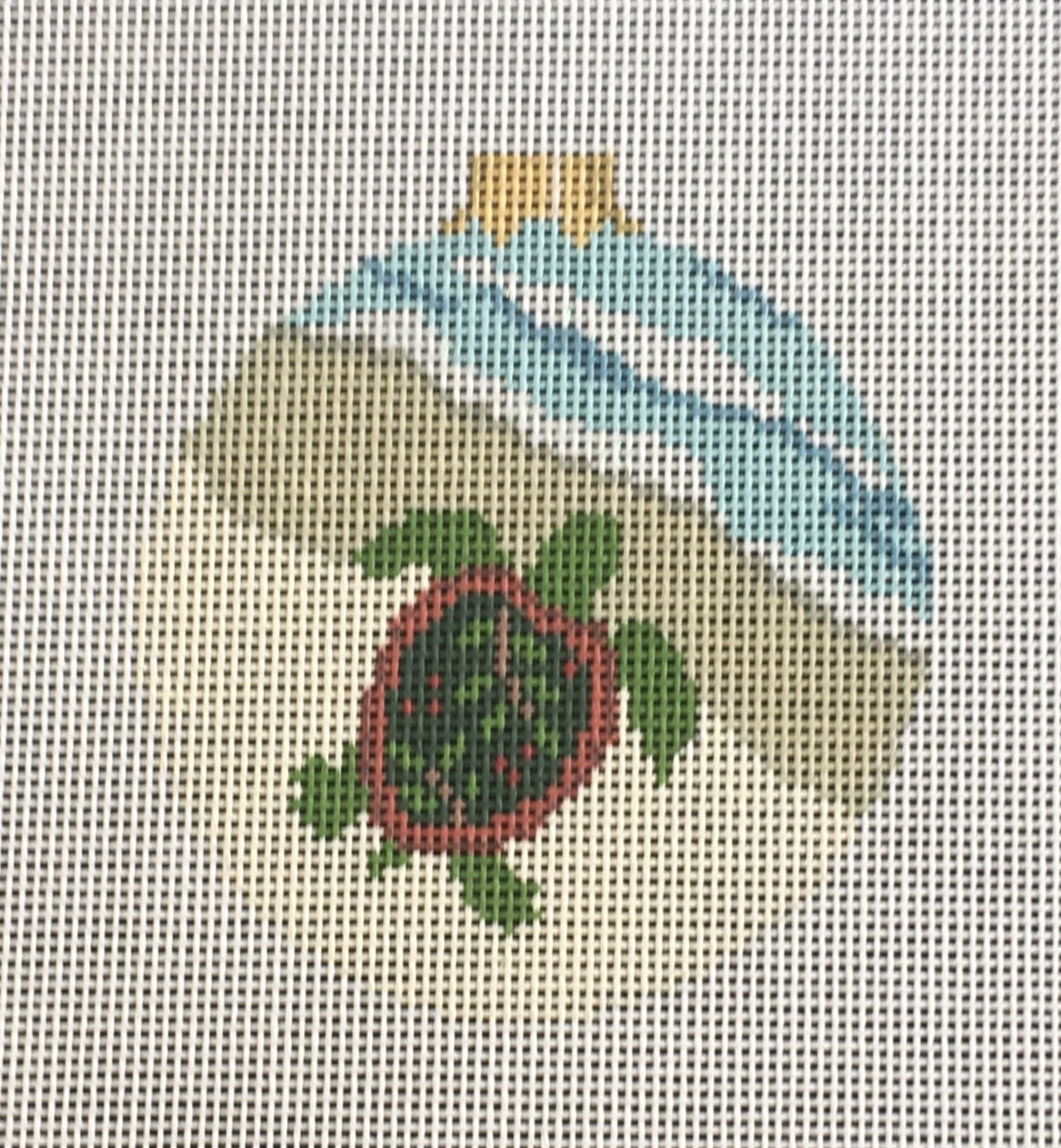 Susan Roberts needlepoint canvas Christmas ornament of a turtle at the beach - perfect for a tropical Christmas!