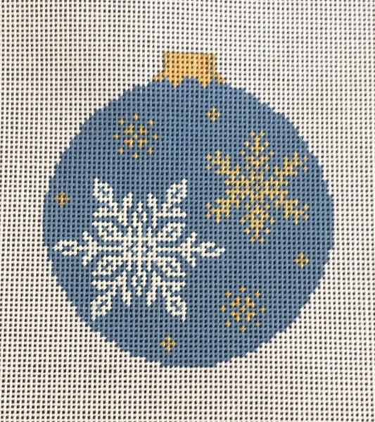 Susan Roberts needlepoint canvas Christmas ornament of gold and white snowflakes