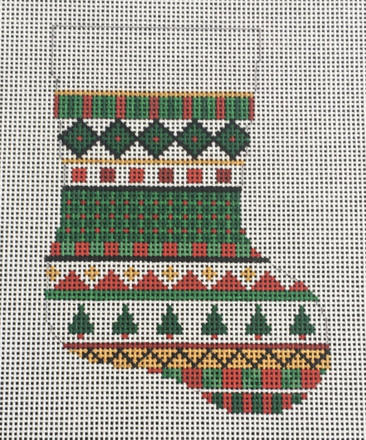 Susan Roberts mini sock needlepoint canvas with geometric stripes and Christmas trees