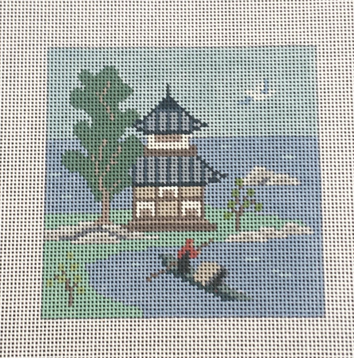 Susan Roberts needlepoint coaster canvas of an oriental building, the sea, and a boat