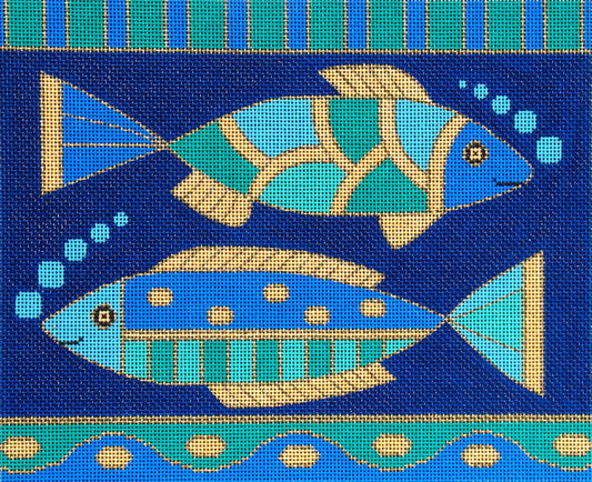 Amanda Lawford bright and vibrant needlepoint canvas of two fish with geometric patterned bodies and vibrant wave and striped trim